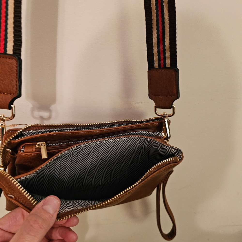 Brown Vegan Leather Triple Zip Crossbody Bag with Striped Guitar Strap Clutch - Picture 7 of 11